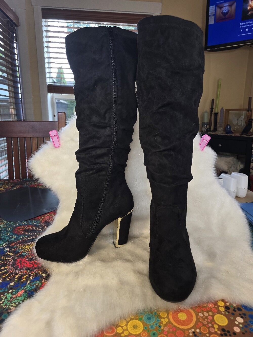 Torrid Faux Suede Metalic-Heeled Slouch Boots - Picture 2 of 16